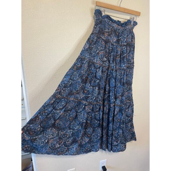 Free People Boho Cottage Core Blue Printed Tiered Linen Blend Maxi Skirt Small - Picture 16 of 16